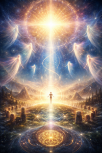 Müstiline valgusmaastik kosmilise pärituole viitava sümboolikaga: keskel valguses seisev inimene, valgusvoog ülalt ja kiviringid maastikul.