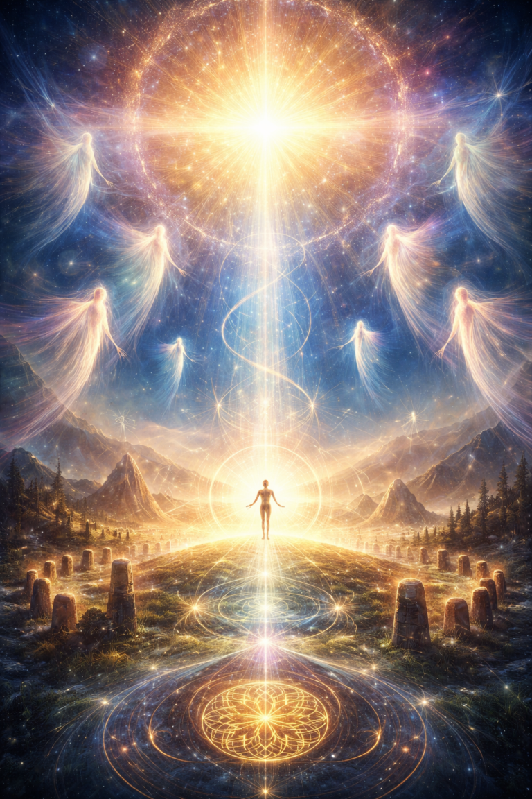 Müstiline valgusmaastik kosmilise pärituole viitava sümboolikaga: keskel valguses seisev inimene, valgusvoog ülalt ja kiviringid maastikul.