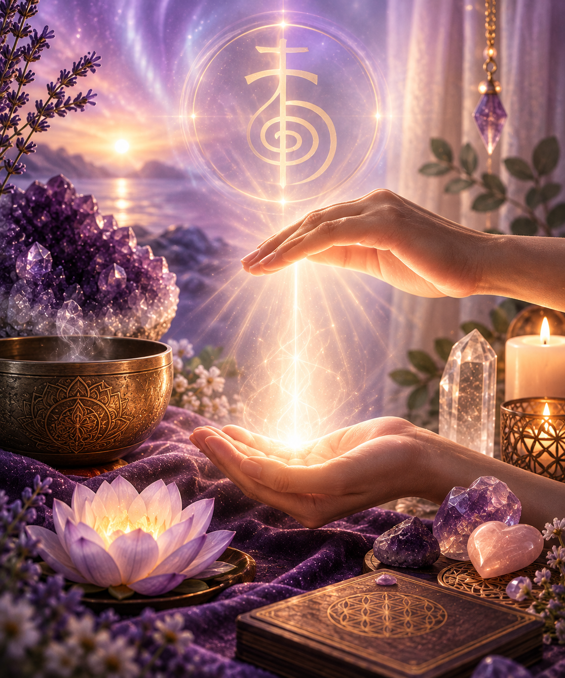 Kuldvalge Reiki valgus kahe rahuliku käe vahel lillakas ruumis